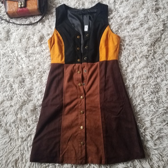 Color block, faux suede, 70's sytle mini/midi dress - Picture 2 of 7